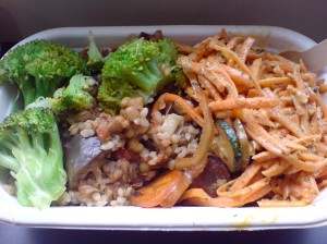 L-R: broccoli, tofu stir fry, broad bean curry under rice, carrot salad