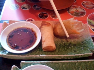 Veggie spring rolls (you get 4 but as you can see the Baby started eating them) and dipping sauce