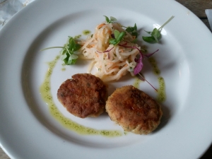 Haddock and crab cakes with sweet pickle salad 